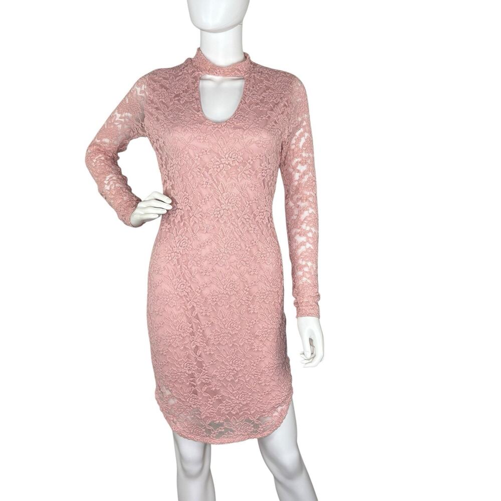 Vintage Y2K Stretch Lace Dress Choker Neck Bodycon Fairy Grunge Pink Size L